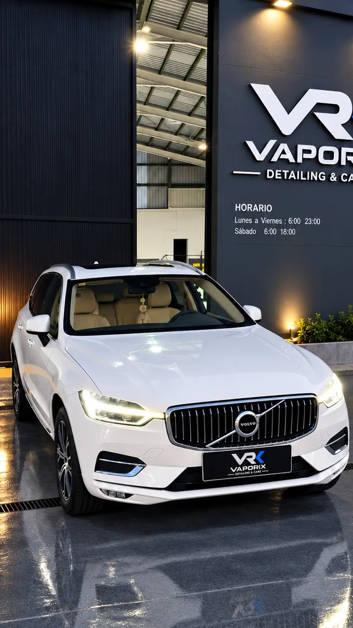 Volvo XC60 blanco en tres cuartos, con el rótulo VRK detrás