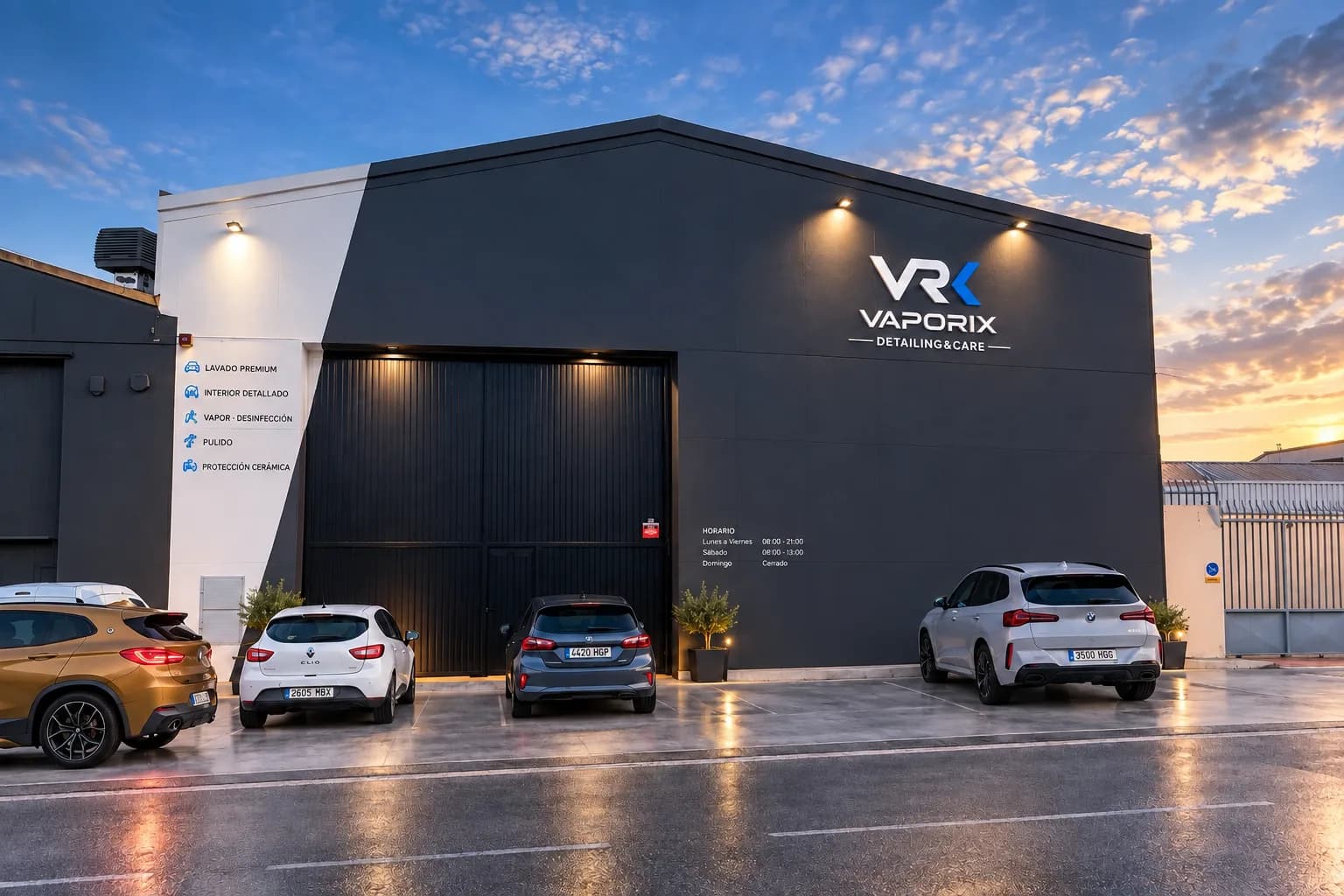 La fachada de la nave Vaporix al atardecer, con coches aparcados delante